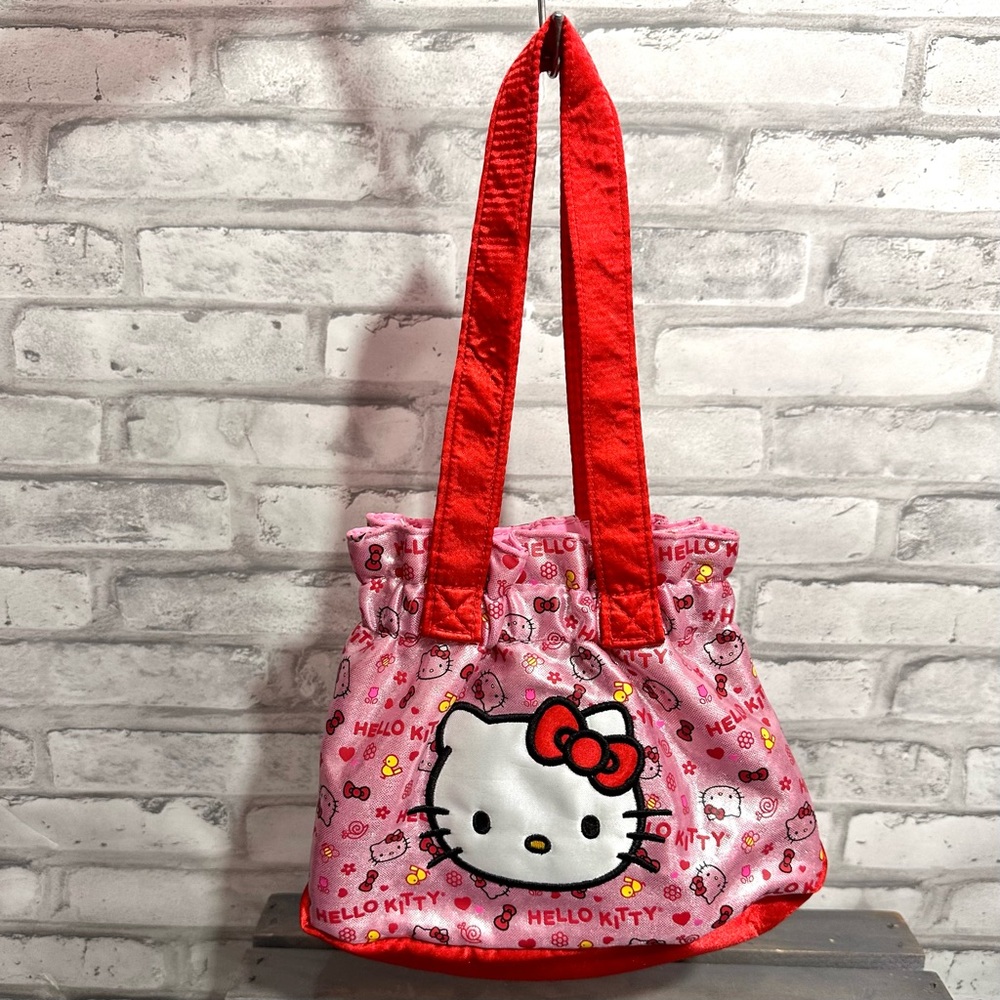 Hello Kitty Sanrio 2010 Pink/Red Satin Double Handle Cinch Mini Purse Bag